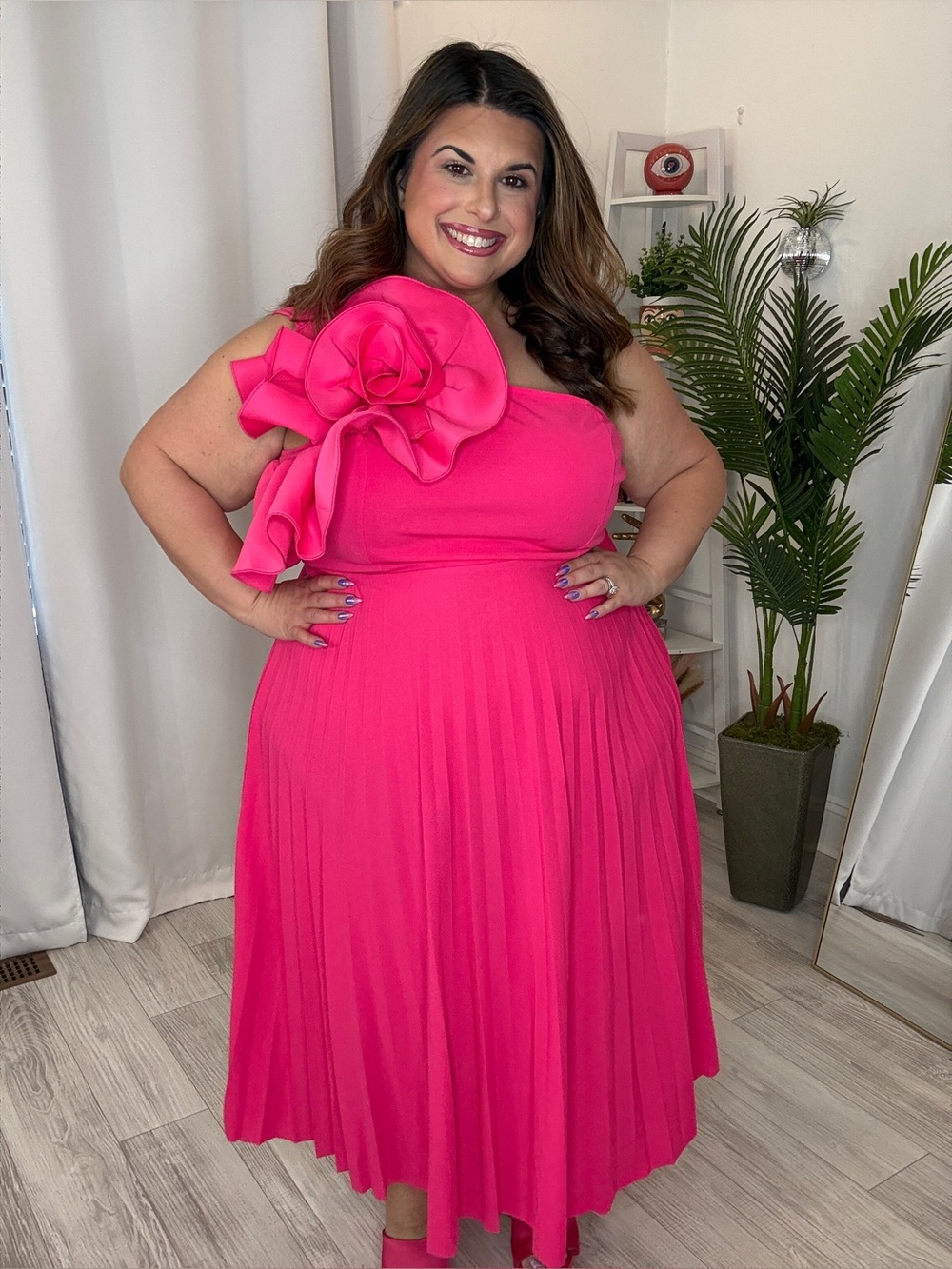 Plus-Size One-Shoulder Pink Floral Detail Dress